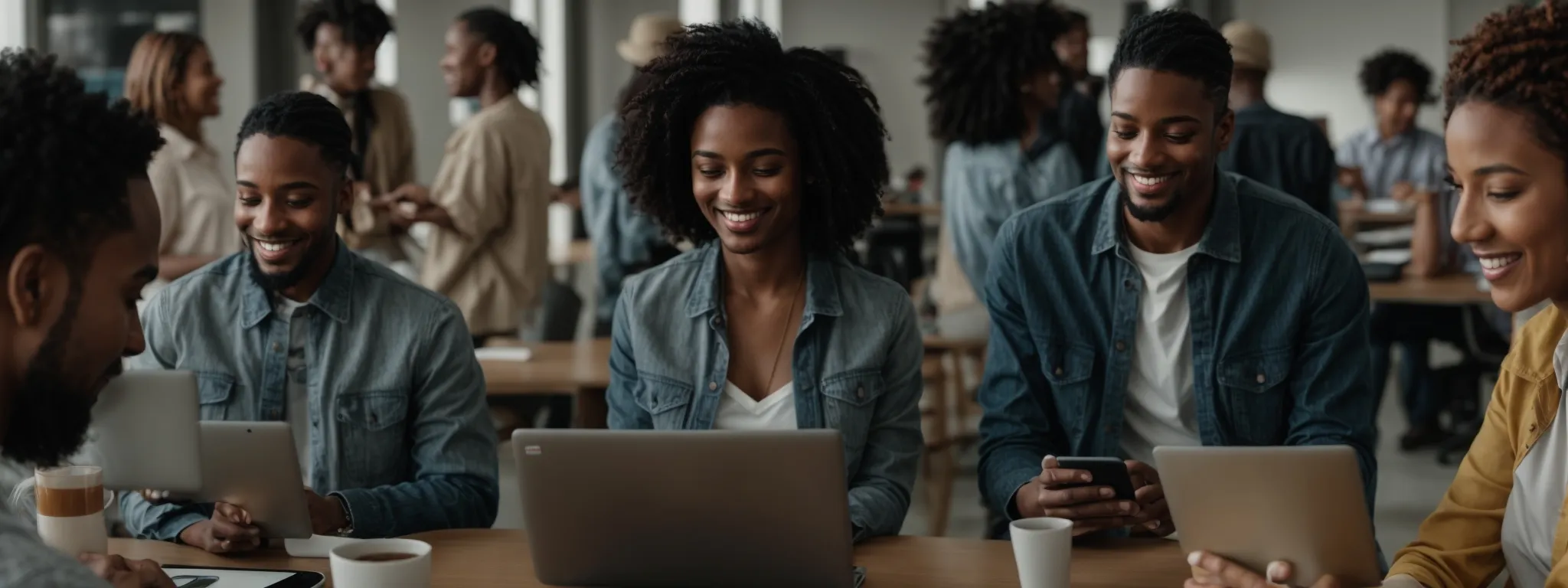a diverse group of smiling people in casual clothing using various tech devices in a bright, open-concept office space, actively discussing and sharing their user experiences.
