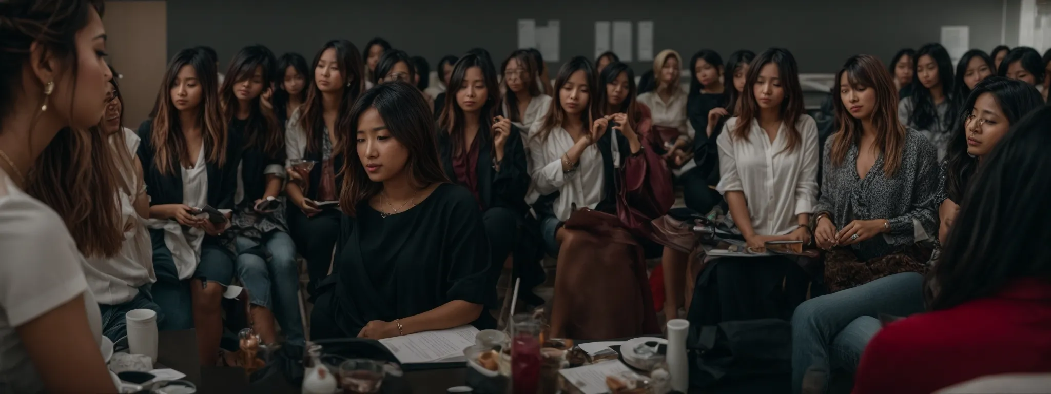 a diverse group of attentive women participate in an interactive workshop centered around a large screen displaying seo trends.