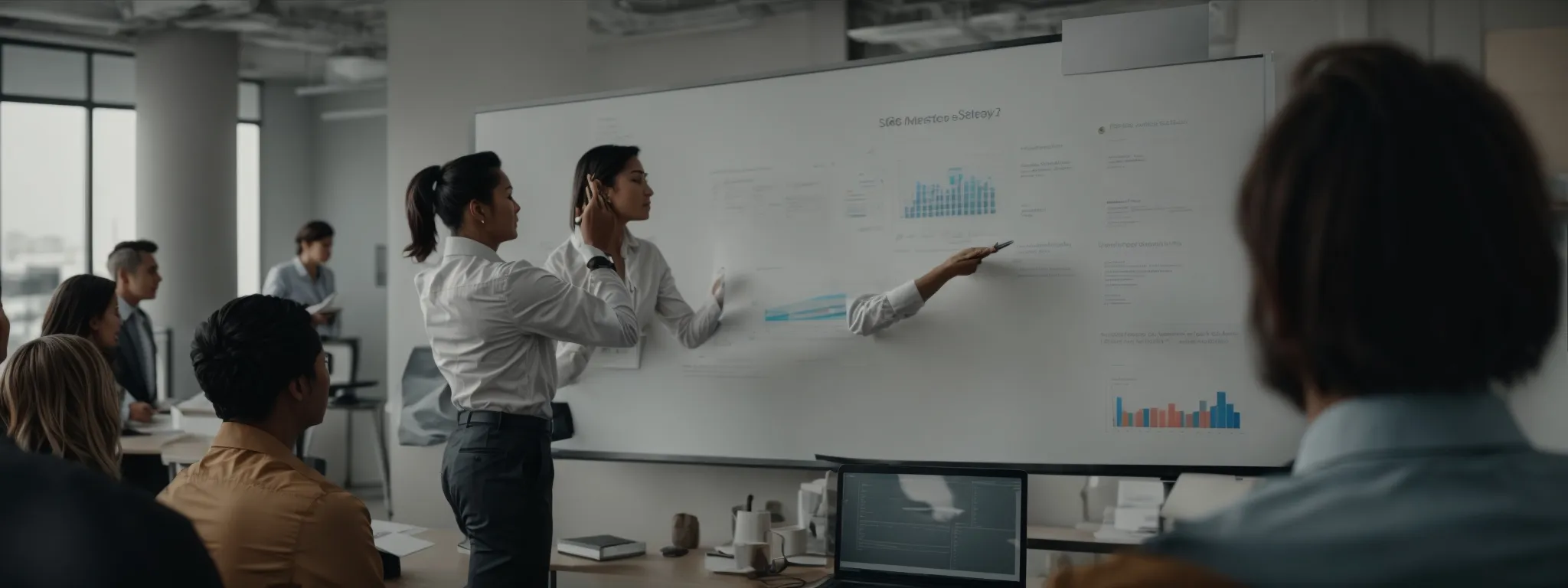 a marketer presenting an seo strategy on a whiteboard to a team in a modern office.
