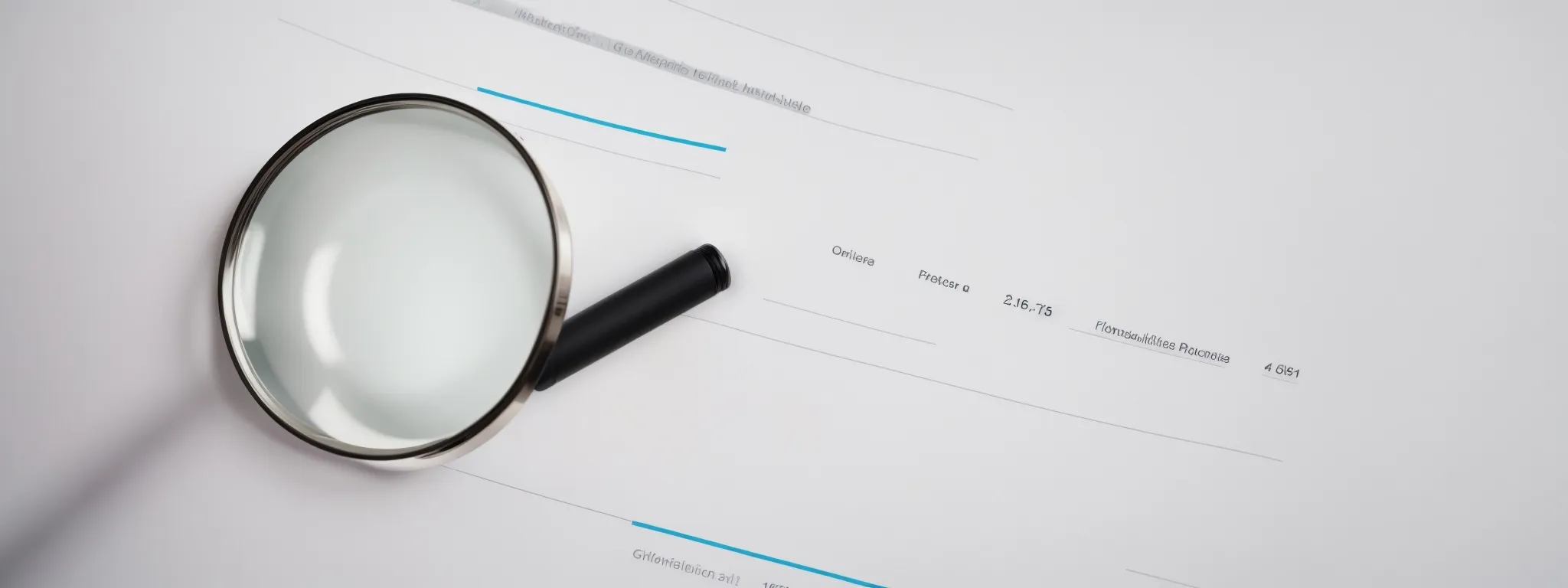 a magnifying glass hovering over a graph showing upward and downward trends in a minimalist office setup.