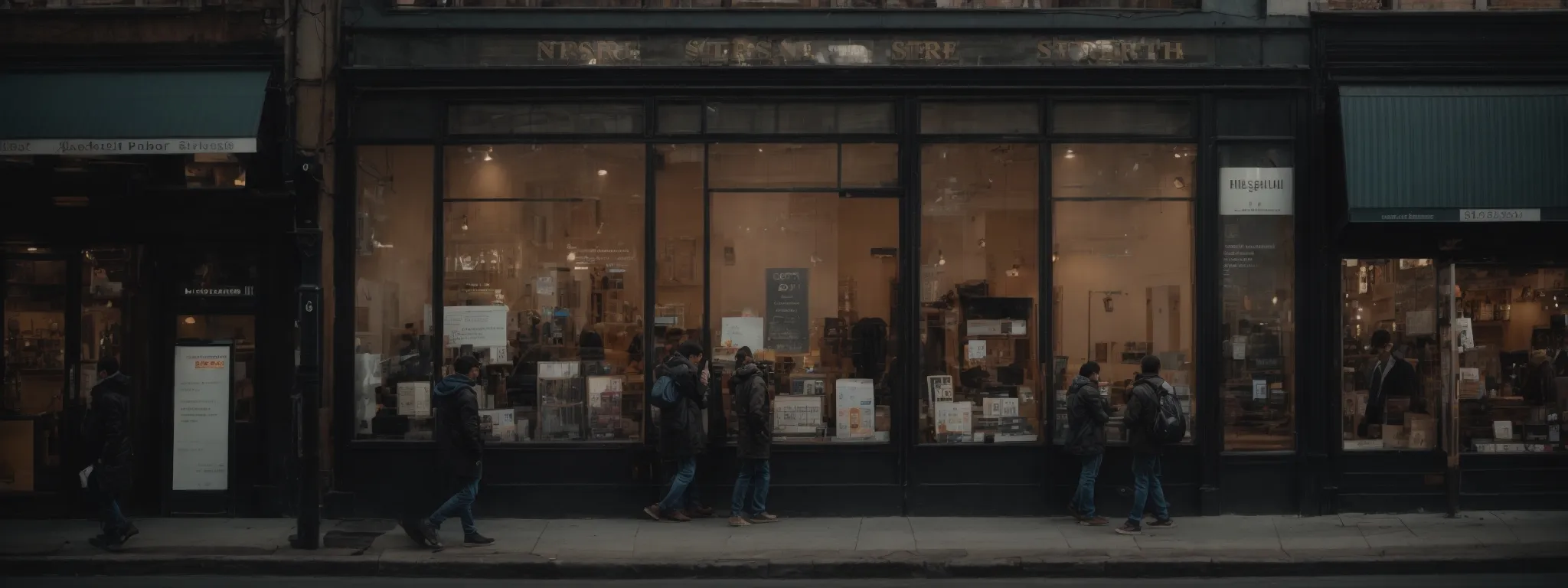 a bustling urban storefront with a prominent phone number display, inviting passersby to connect and enhancing its online local search presence.