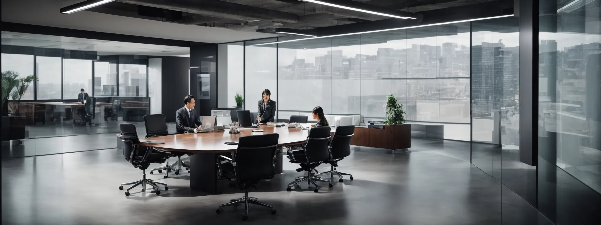 a sleek, modern office with a conference table where two professionals are examining documents and digital data on a large screen, illustrating strategic planning.