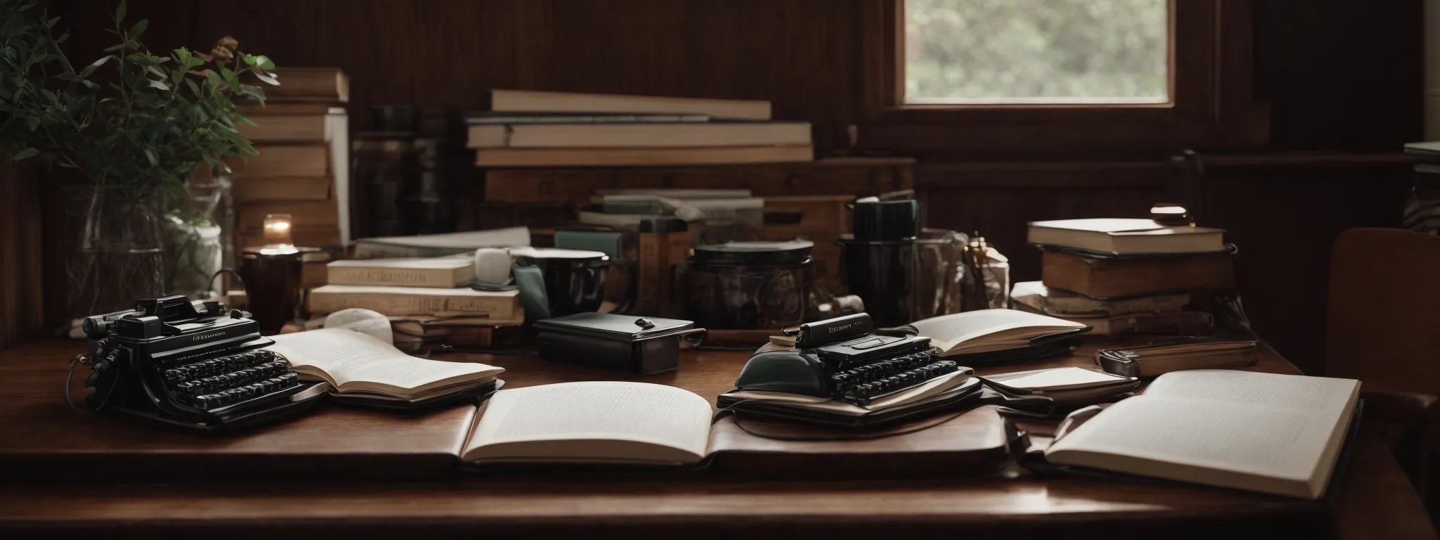 a writer's tranquil workspace with a computer, notepad, and an open dictionary on a vintage wooden desk.