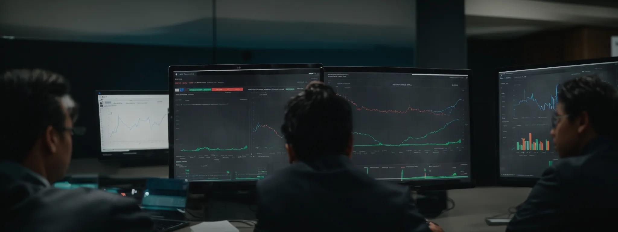 a marketing team reviews analytics dashboards on a computer screen, assessing the performance of their seo strategy.