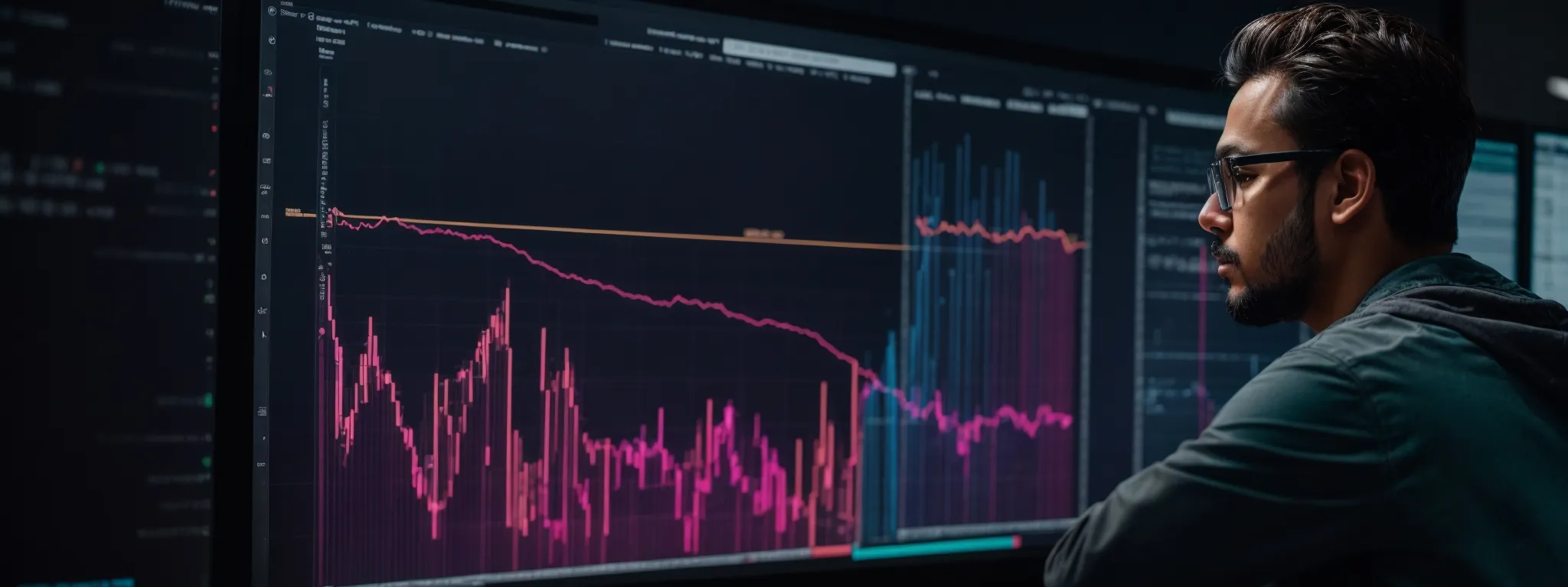 a digital marketing professional intently observes a colorful motion chart on a large monitor, analyzing the rising and falling trends of backlink sources and referral traffic to optimize a website's seo strategy.