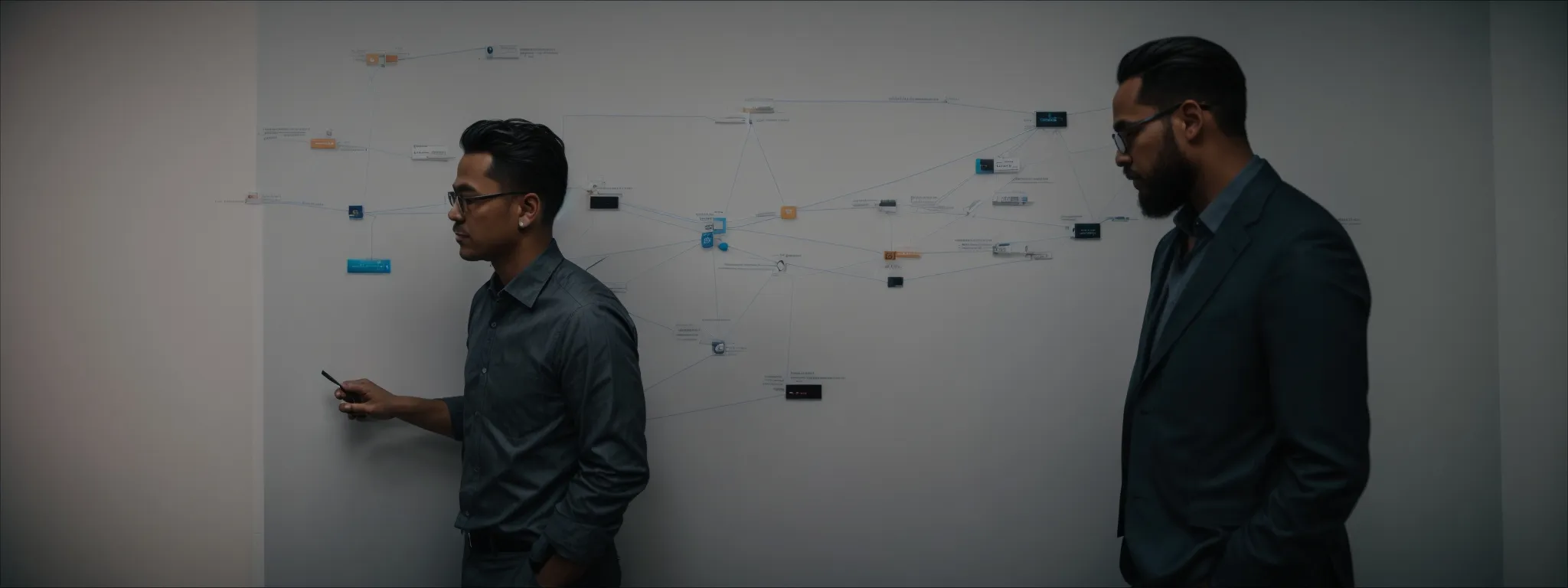 two professionals examining a flowchart on a whiteboard that represents a web of site connections.