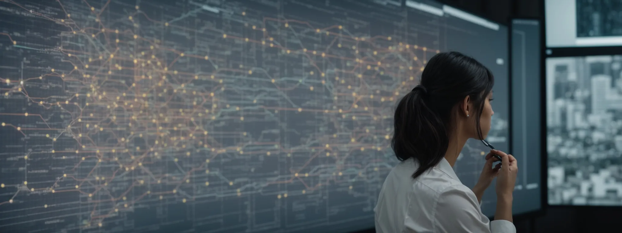 a person analyzing complex network diagrams on a large interactive display within a modern office setting.