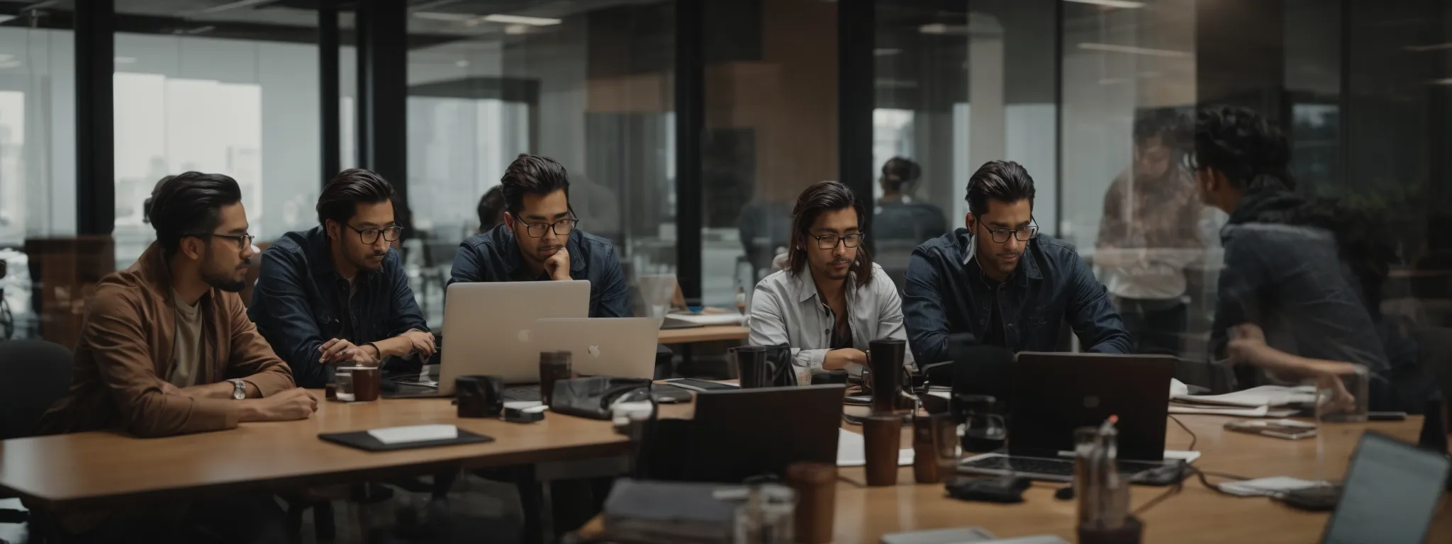 a group of seo experts gathered around a conference table with laptops open, deeply engaged in a collaborative workshop.