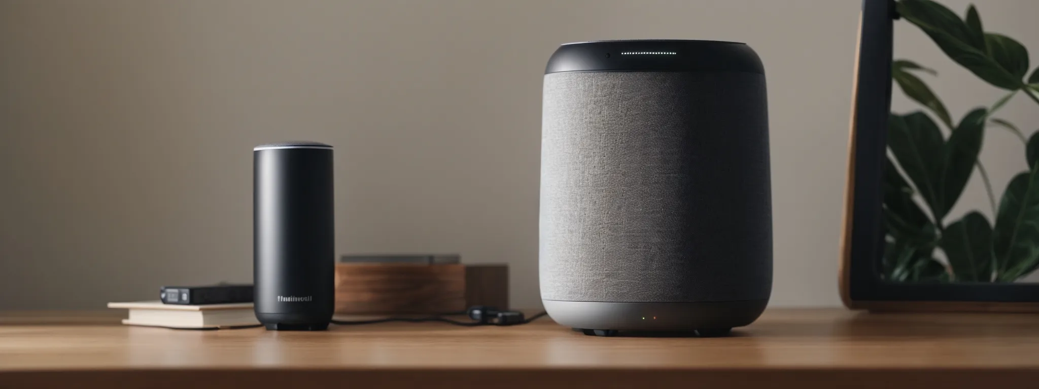 a person speaking into a smart speaker on a minimalist desk at home.