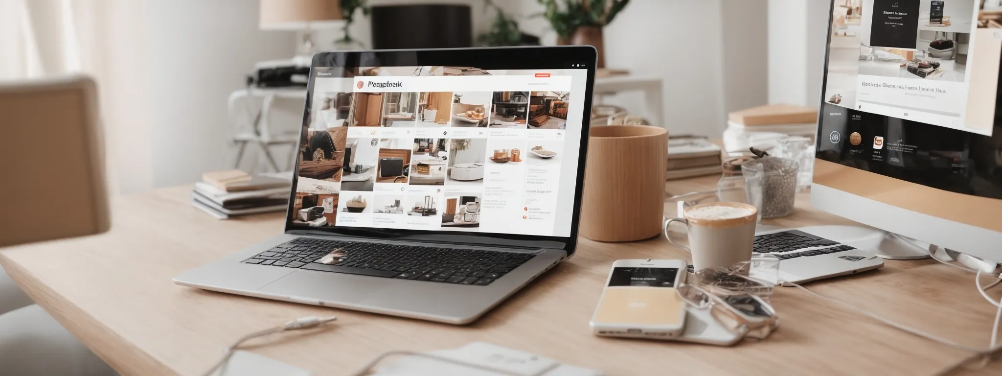 a laptop displaying a pinterest page with highlighted product pins alongside a smartphone showing the same content.