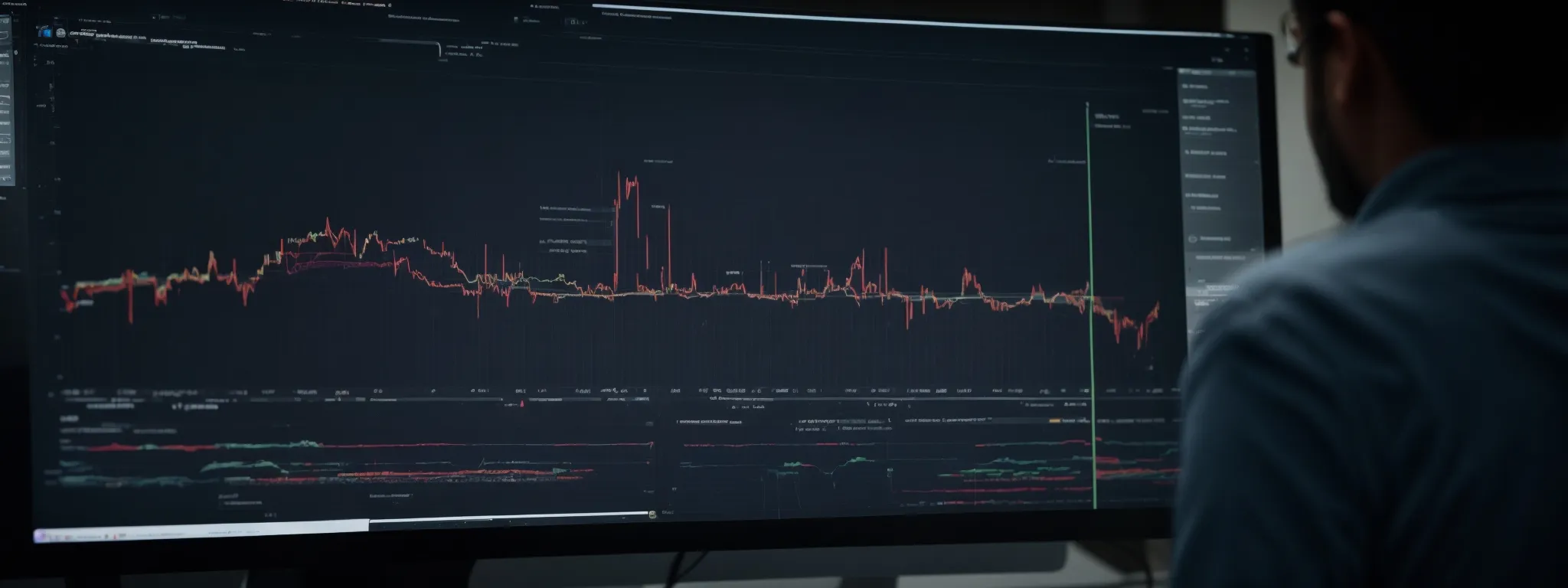 a professional analyzing complex data on a computer screen with graphs and metrics visible.