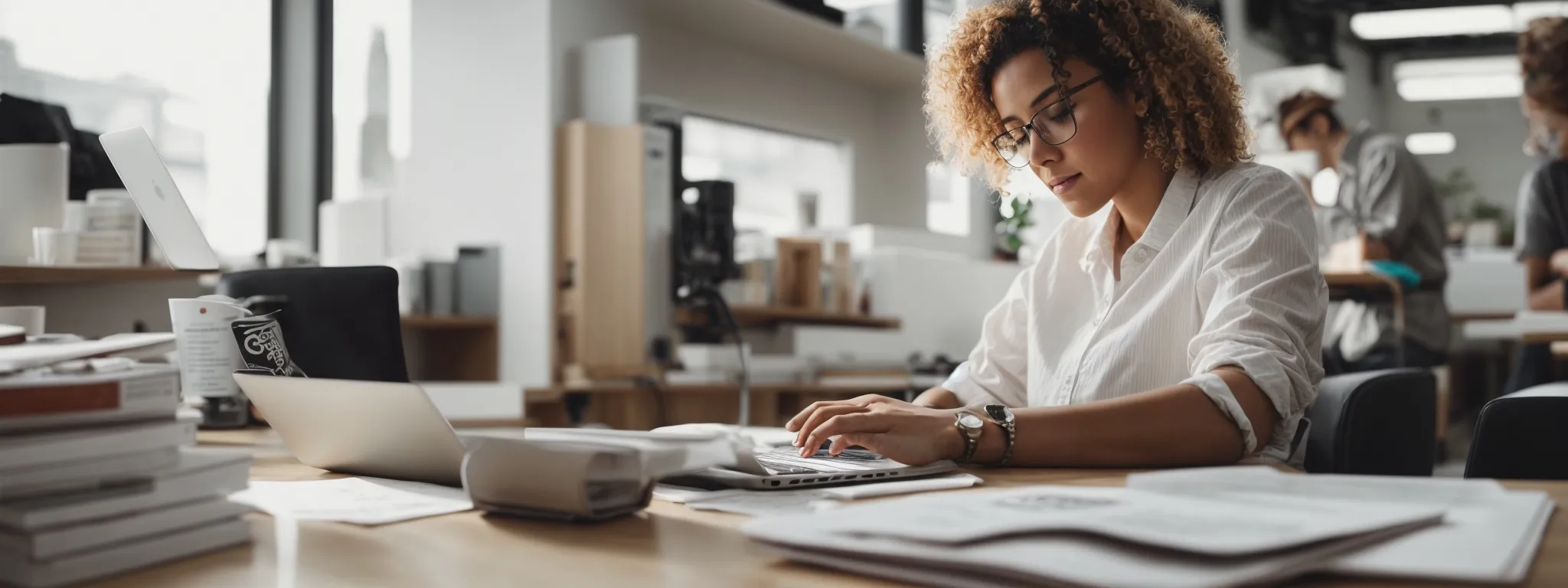 a focused individual typing on a laptop in a bright and modern workspace, surrounded by marketing strategy notes and a pinterest page on the screen.