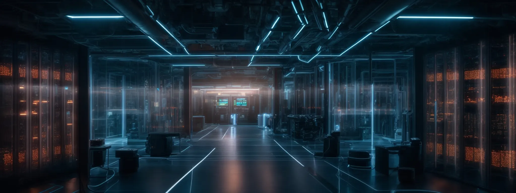 a panoramic view of a futuristic server room with glowing lights symbolizing high-speed data processing and technical prowess.