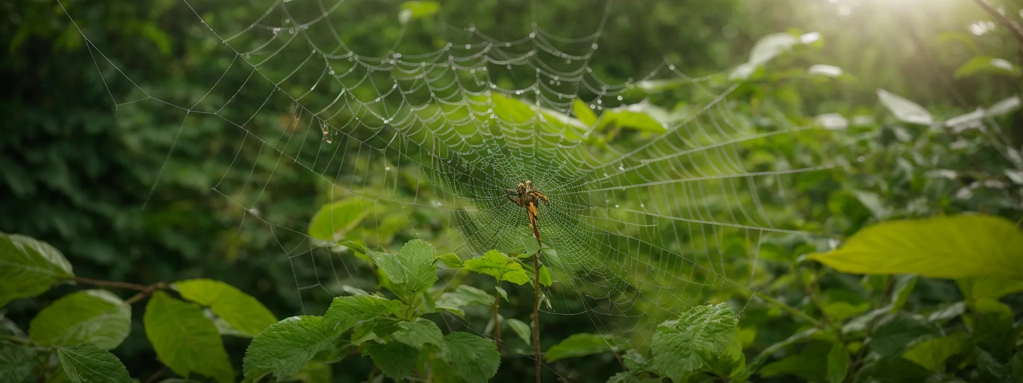 a spider weaving a complex web amidst lush greenery to represent the intricacy of seo crawling and site architecture optimization.