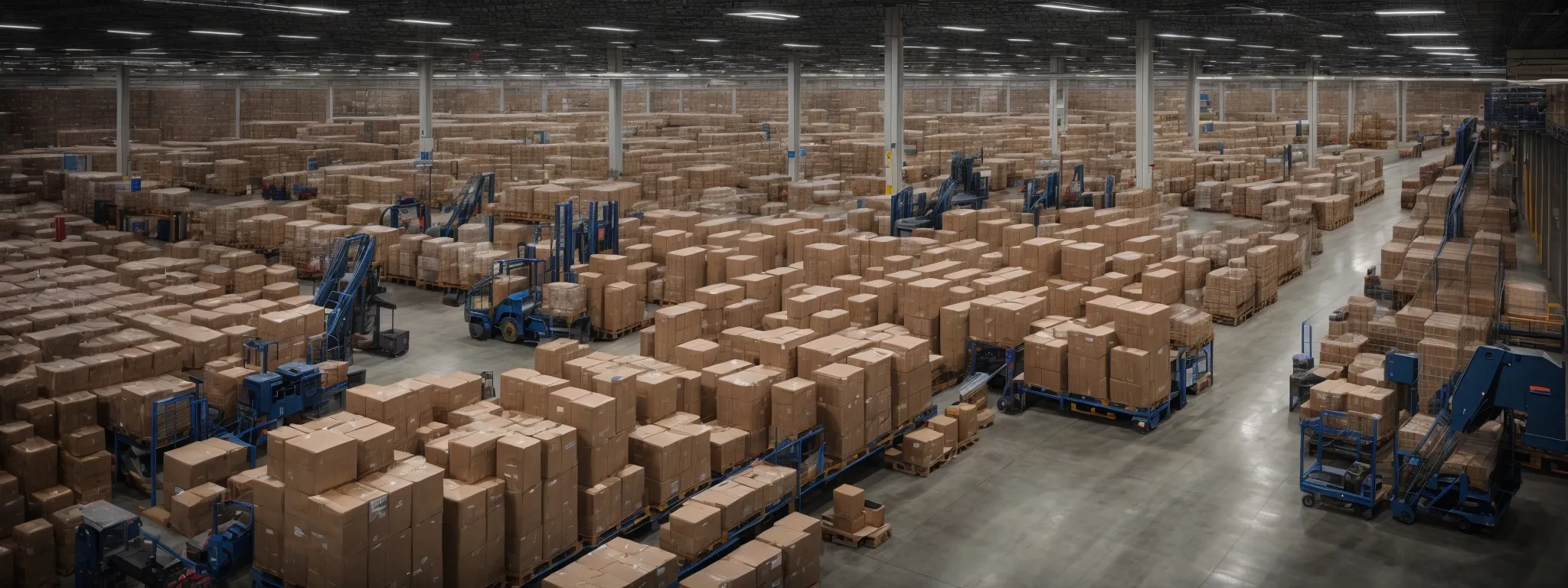 a bustling warehouse with workers processing orders amidst a maze of packages and conveyor belts, illustrating the heart of e-commerce logistics.