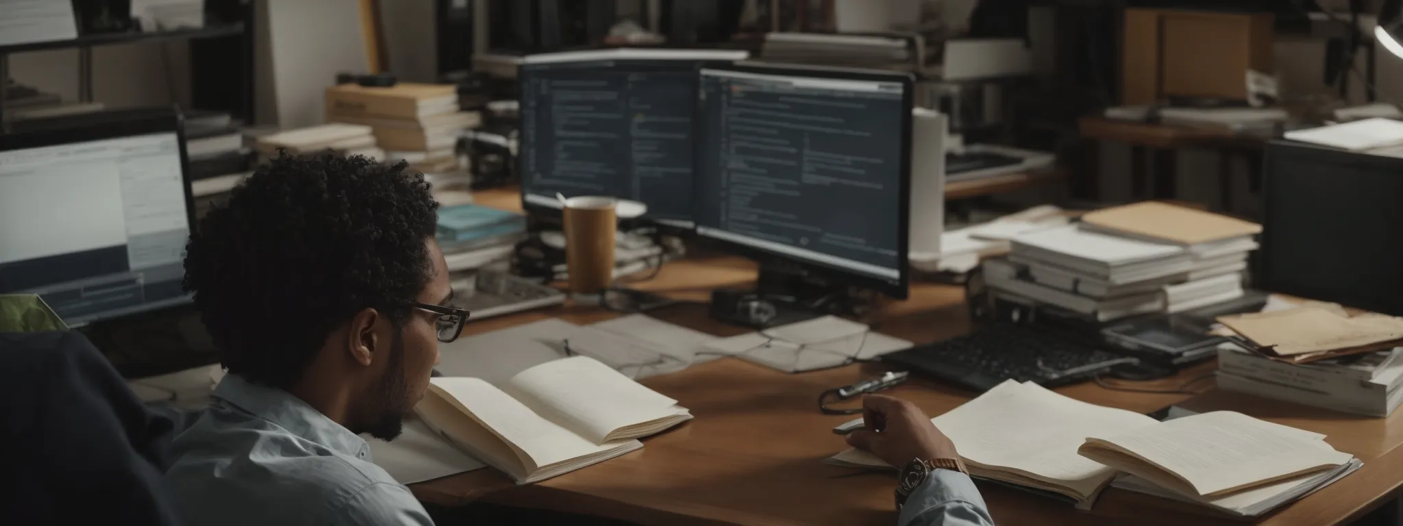 a person sitting at a desk with a computer, surrounded by books and notes, intently studying the complexities of javascript seo.