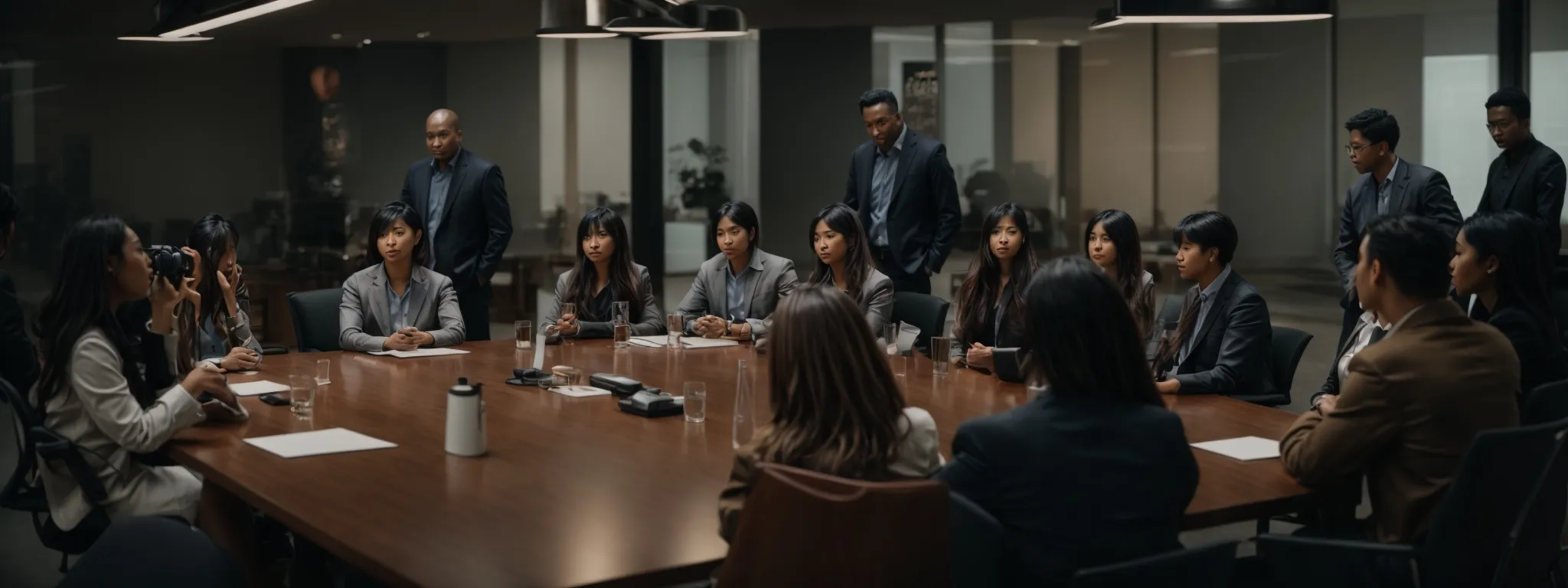 a diverse group of professionals gathered around a large table, actively engaged in a collaborative meeting.