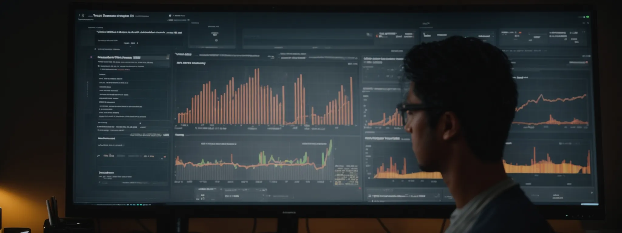 a person in front of a computer screen displaying graphs of website analytics and data trends.