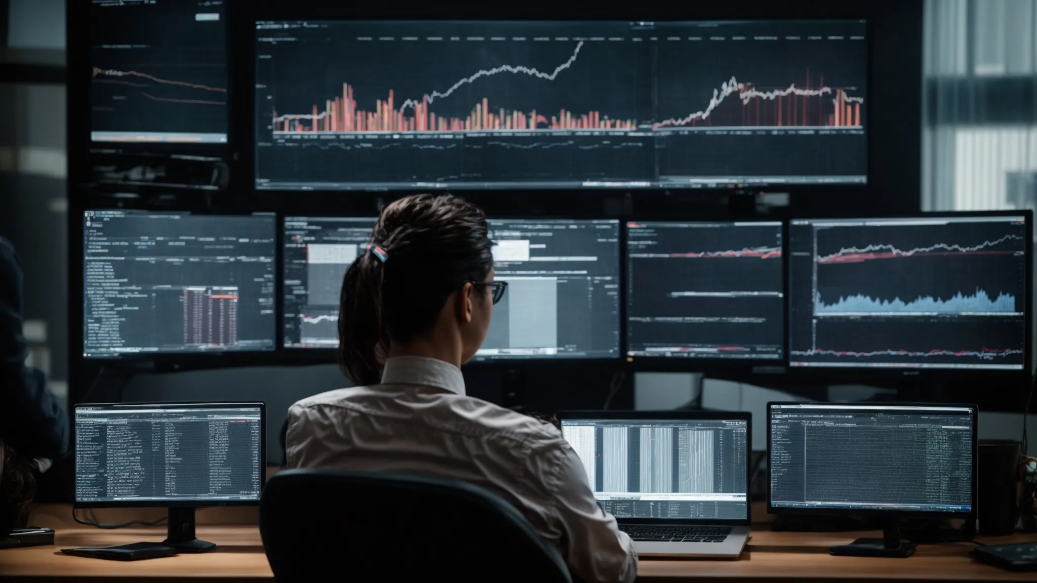 a person sits at a desk with multiple computer screens displaying web code and seo analytics charts.