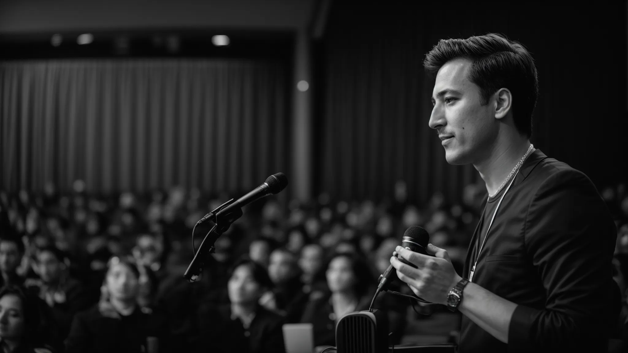 a speaker presents to an audience at a robotics conference.