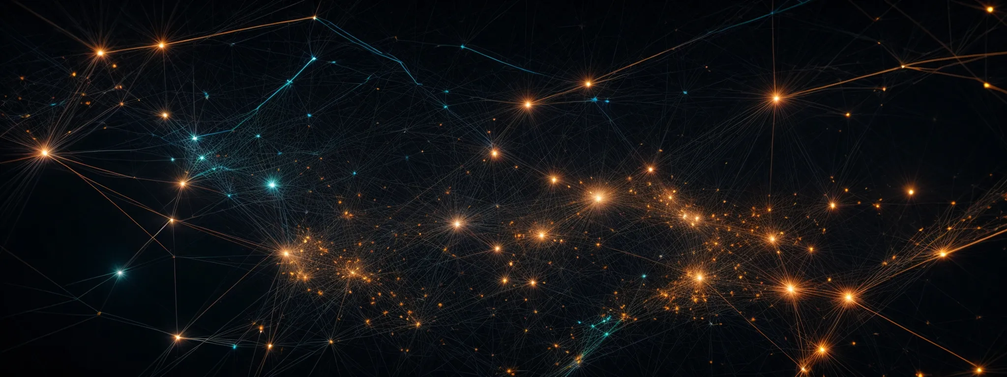 a panoramic view of multiple glowing network nodes interconnected with pulsing lines against a dark backdrop, symbolizing a thriving digital ecosystem.