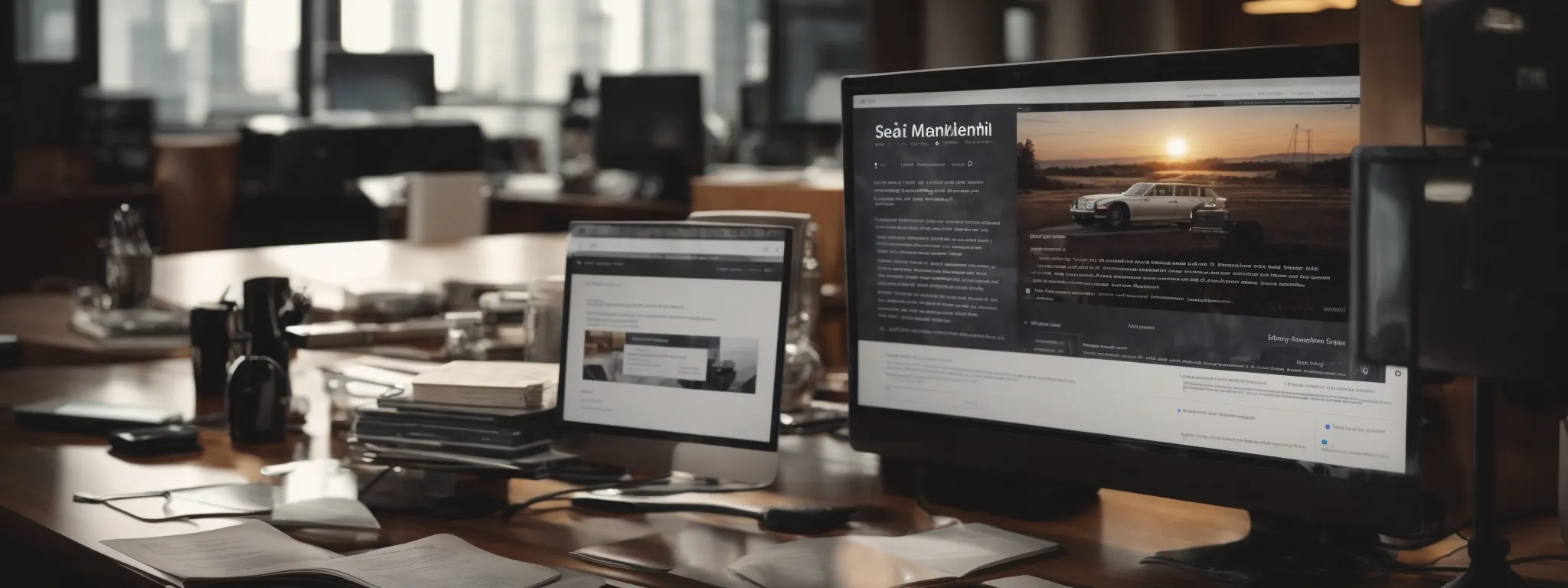 a desk with a computer displaying an email marketing campaign, flanked by seo analytics on a screen.