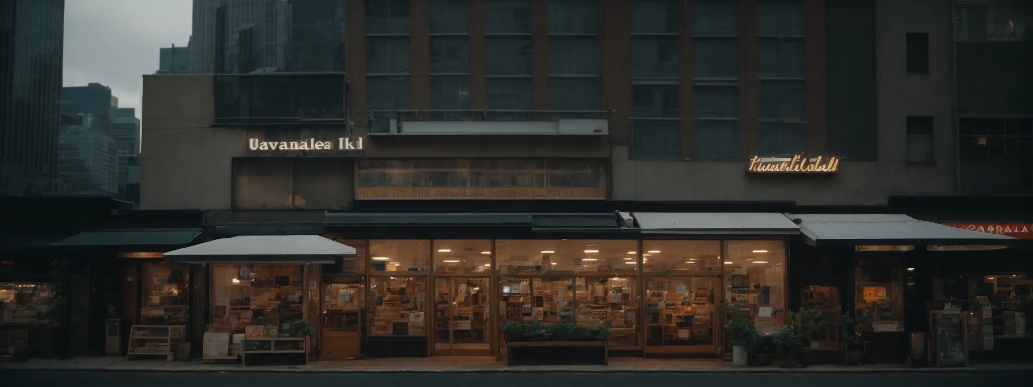 a small storefront with an eye-catching display between large, featureless skyscrapers.