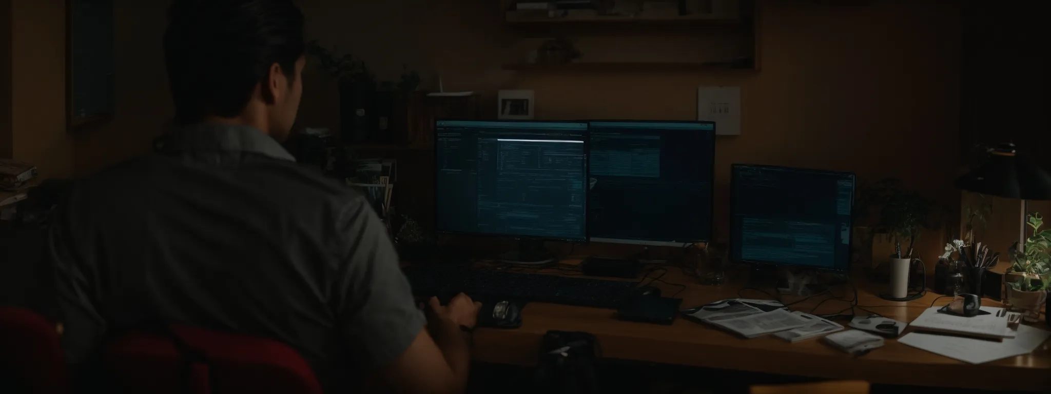 a person sitting at a desk with a computer, optimizing a website's seo settings.