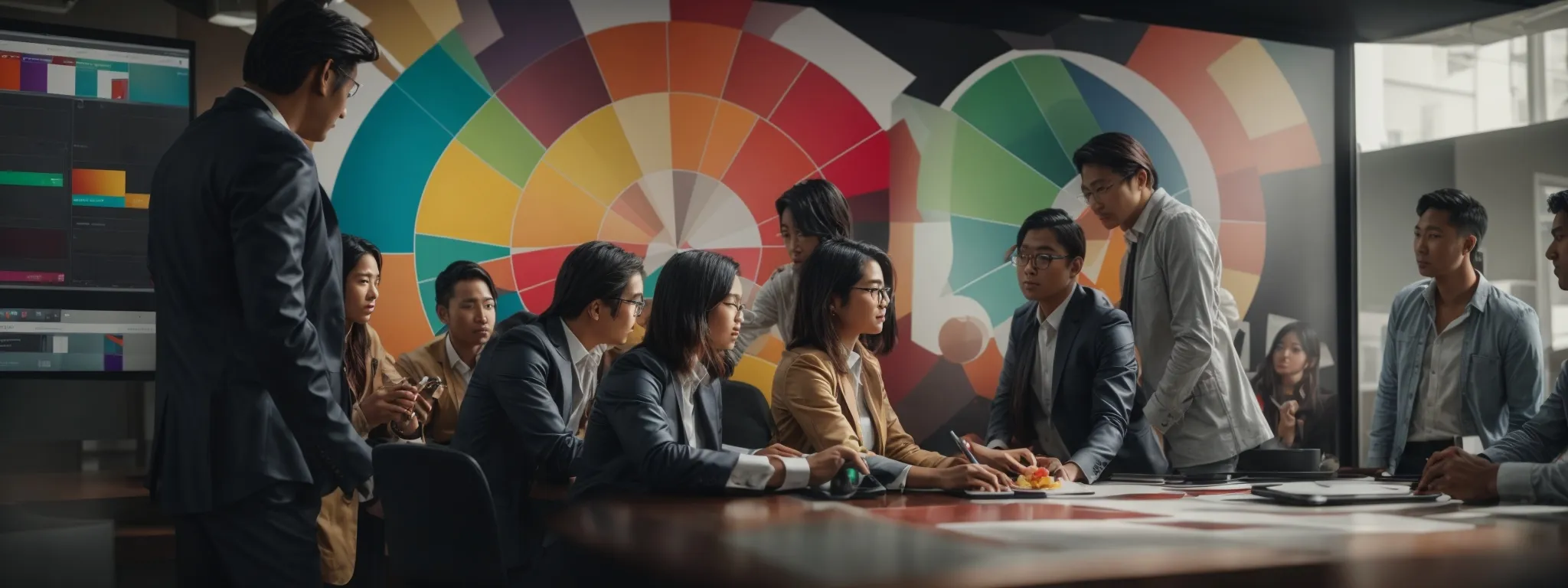 a team of seo professionals gathered around a large digital screen, analyzing and discussing a colorful pie chart representing local market outreach through various google plus features.