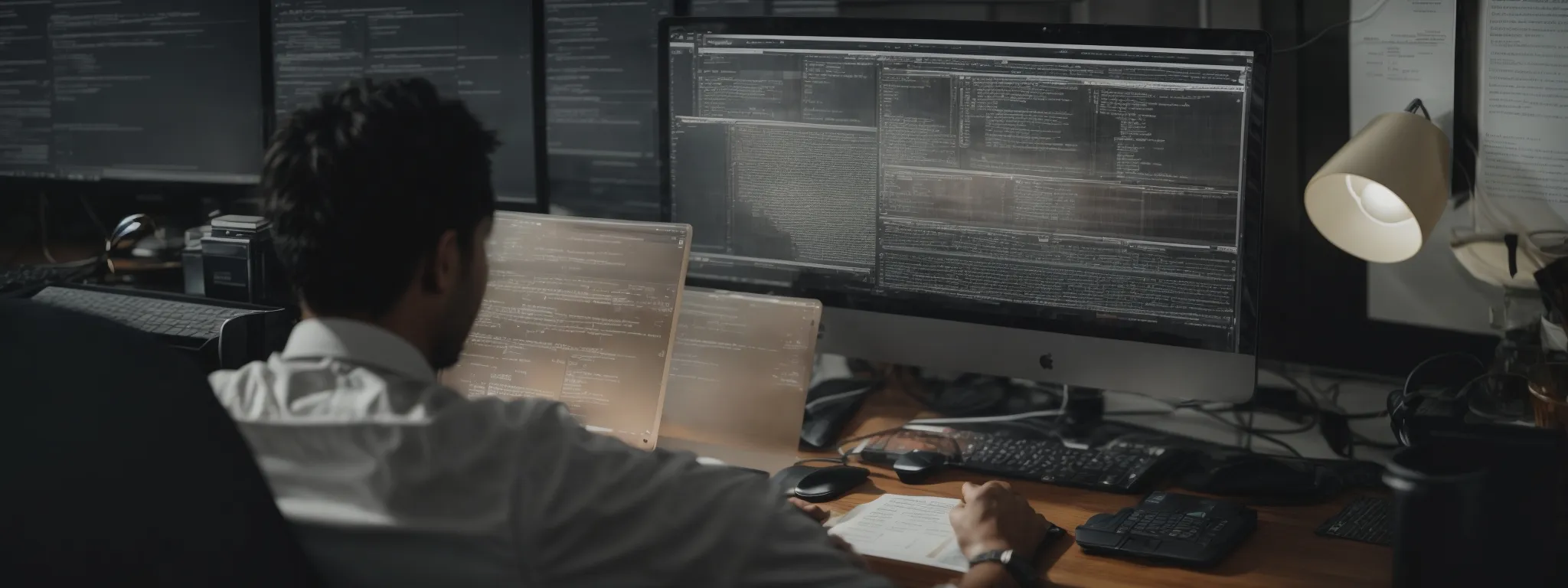 a web developer is intently viewing a mobile website layout on a computer screen, surrounded by seo strategy notes.