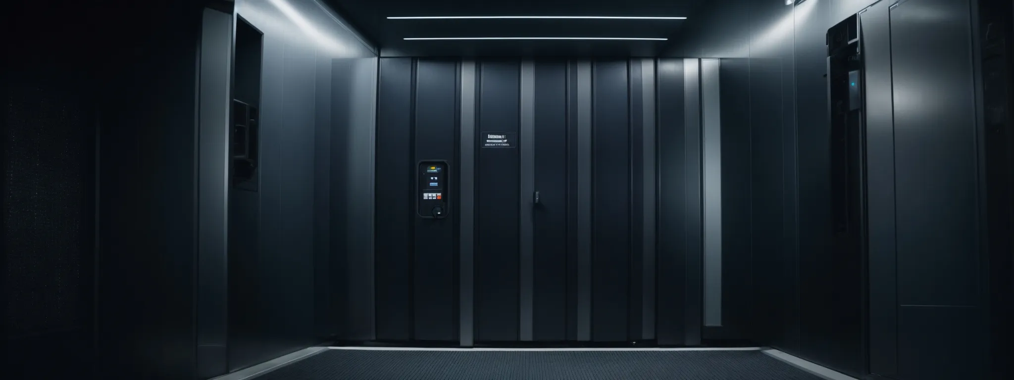 a secure vault door closing on a high-tech digital data center to symbolize impenetrable cybersecurity measures.