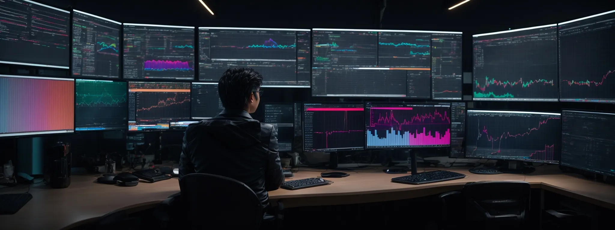 a person sitting at a modern workstation with multiple monitor screens displaying colorful analytics dashboards.