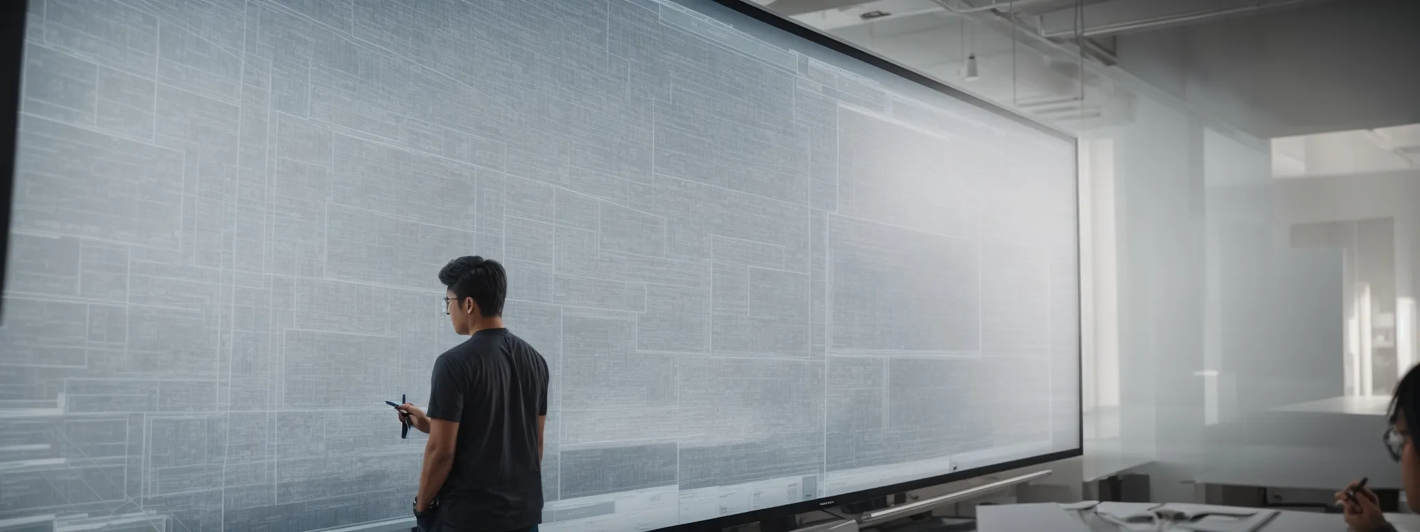 a designer thoughtfully sketches a user-friendly website interface on a large, clear screen in a modern, well-lit office.