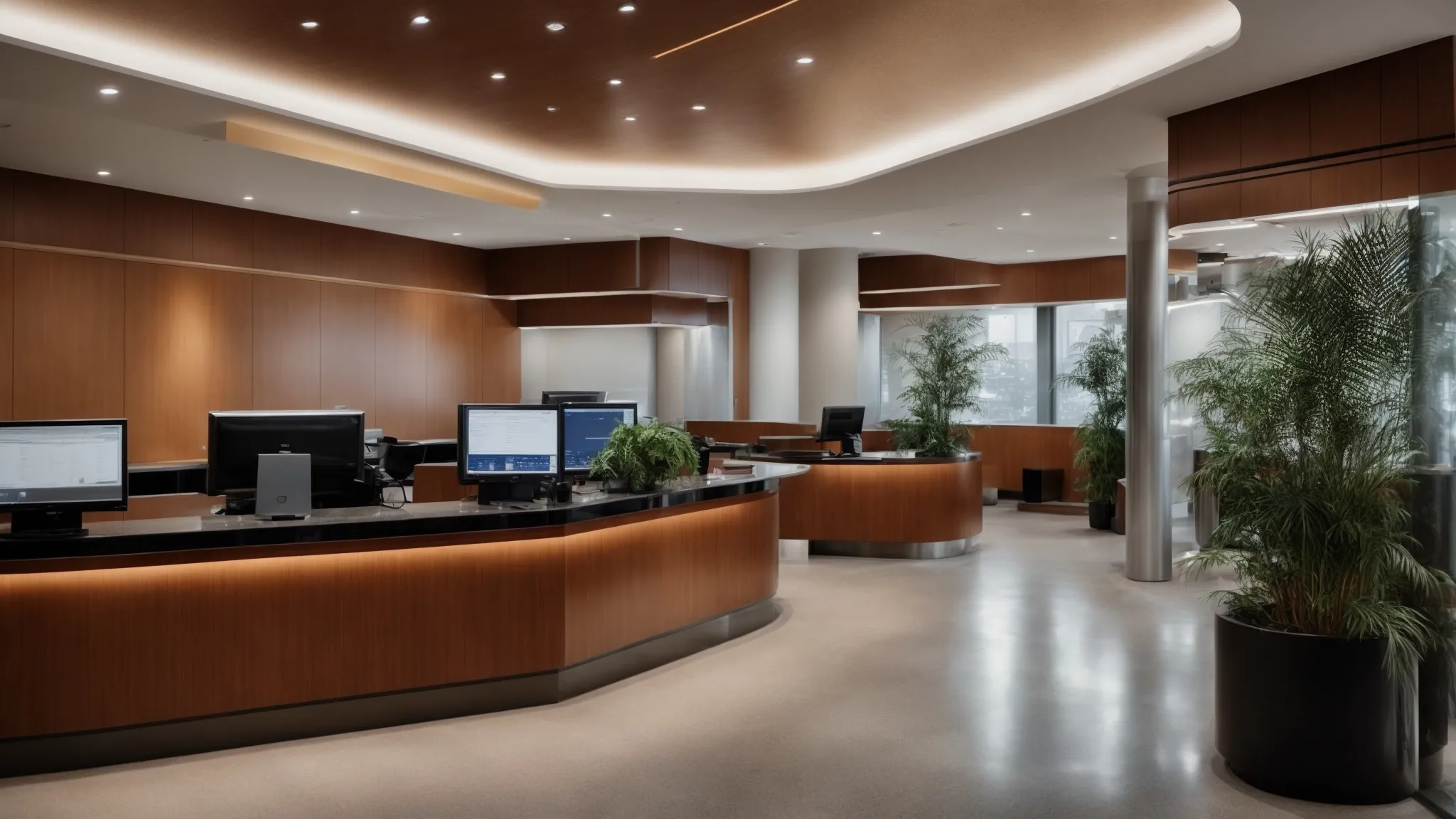 a modern law firm's lobby with computers displaying search engine results.