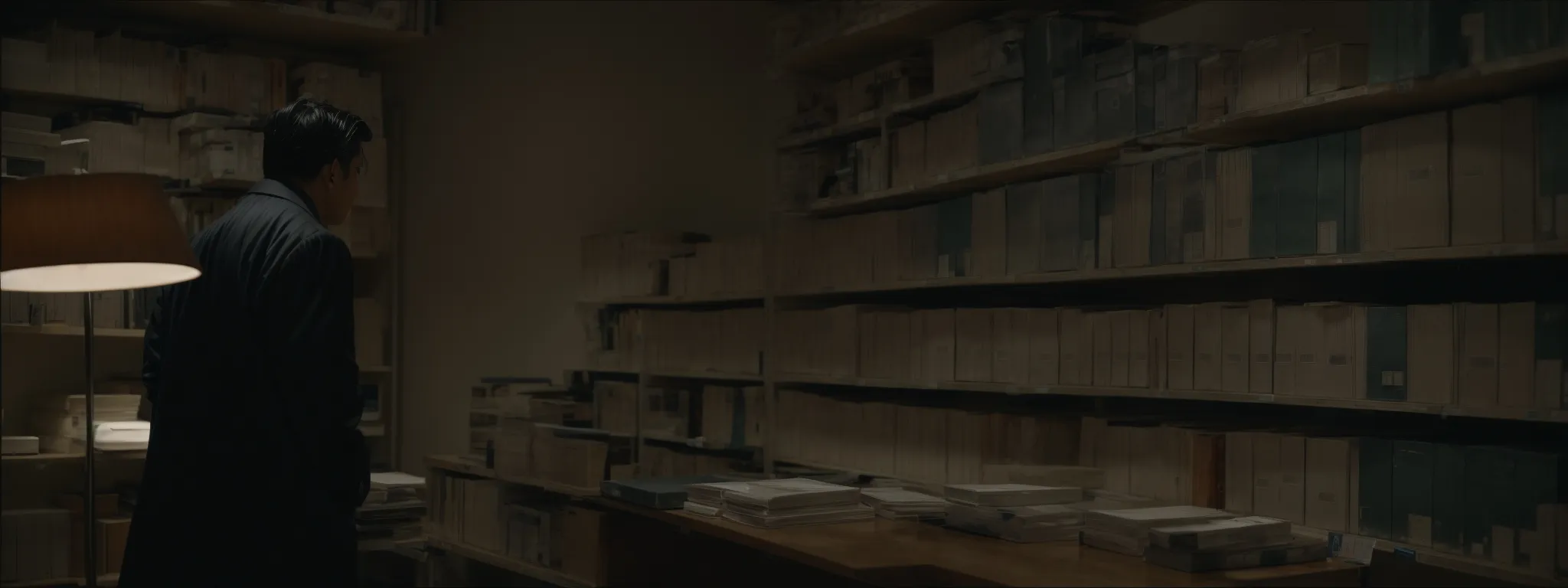 a detective stands in a dimly lit archive room, surrounded by shelves filled with old files and a large monitor displaying a website's historic snapshot.
