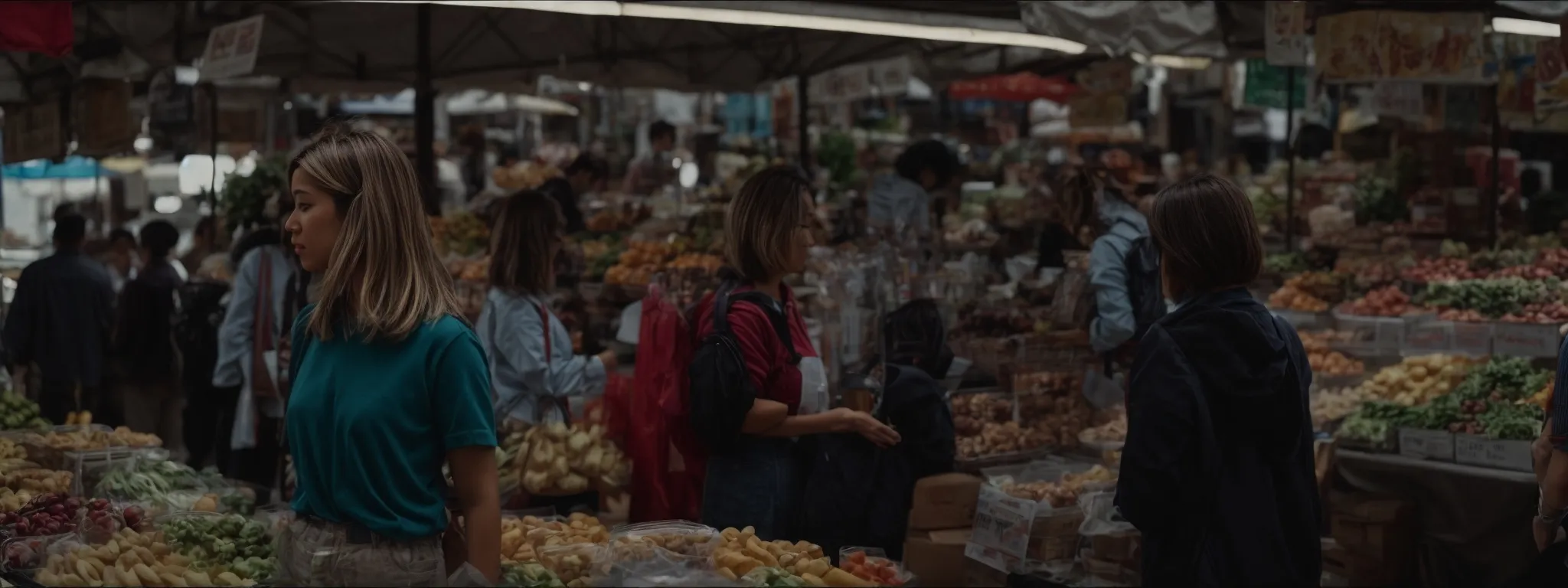 a group of people engaging in a friendly customer service interaction with a market in the background.