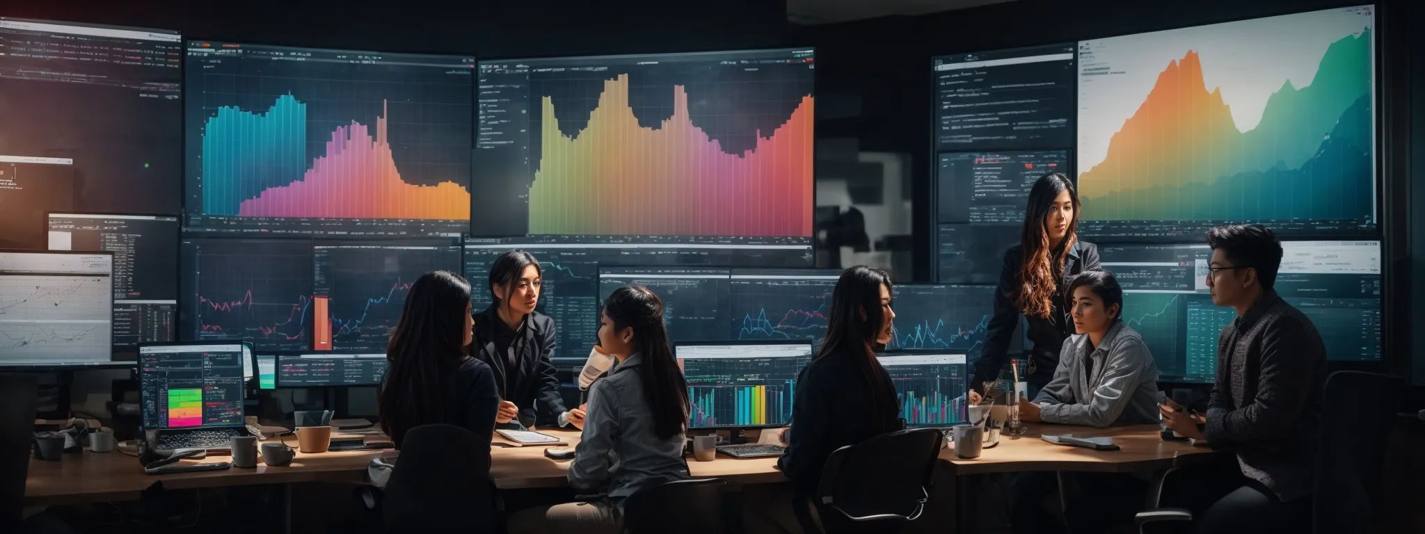 a digital marketing team gathered around a large monitor displaying colorful graphs and charts of website traffic analytics.