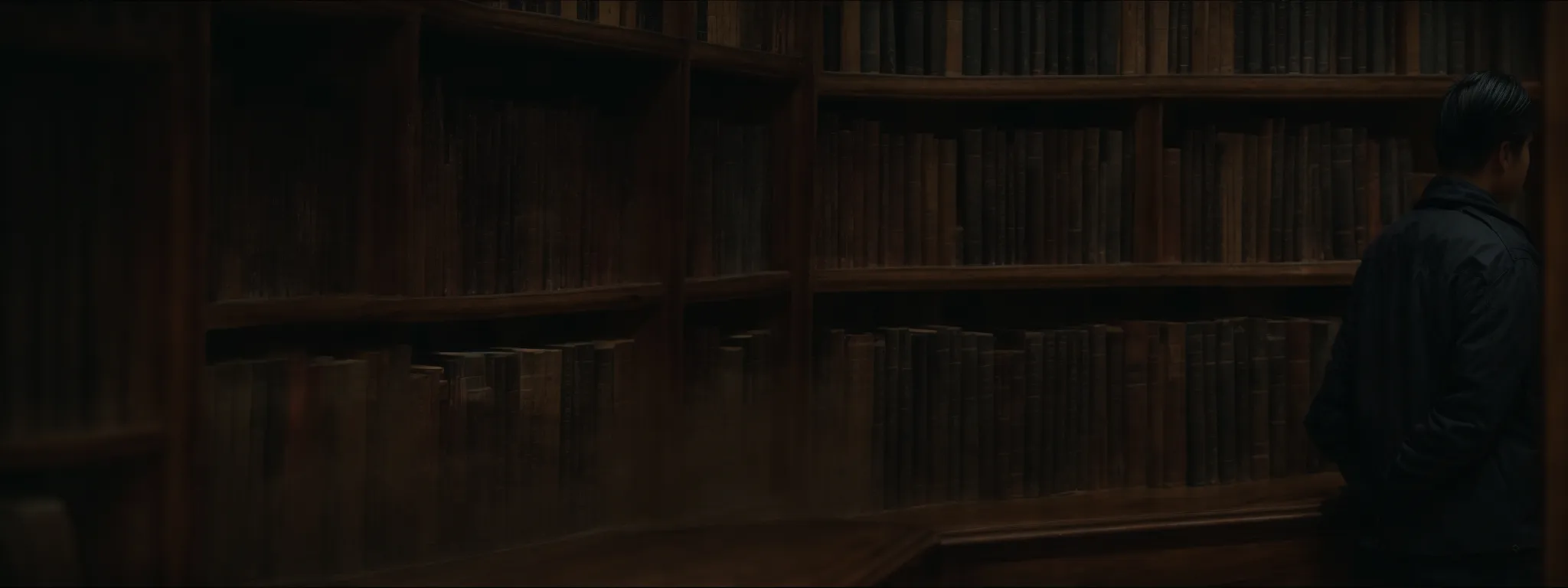 a person stands at the edge of a vast library filled with books, peering thoughtfully into an open tome.