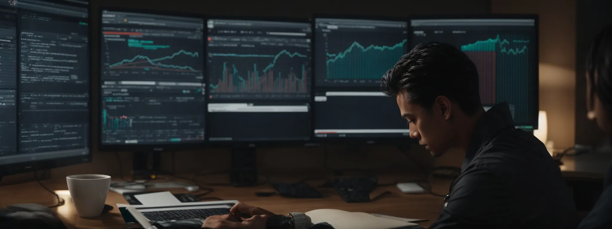 a digital marketer analyzing data on a computer screen showing search engine results and website performance metrics.