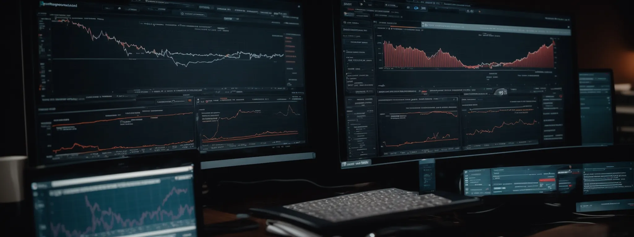 a computer screen displaying a complex seo analytics dashboard with multiple charts and graphs.