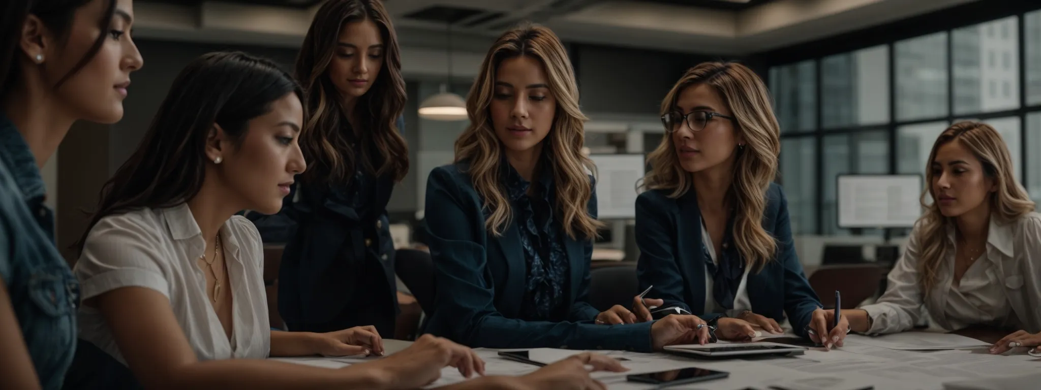 a group of professional women engaging in a collaborative discussion around a modern conference table, focused on a computer screen displaying website analytics.