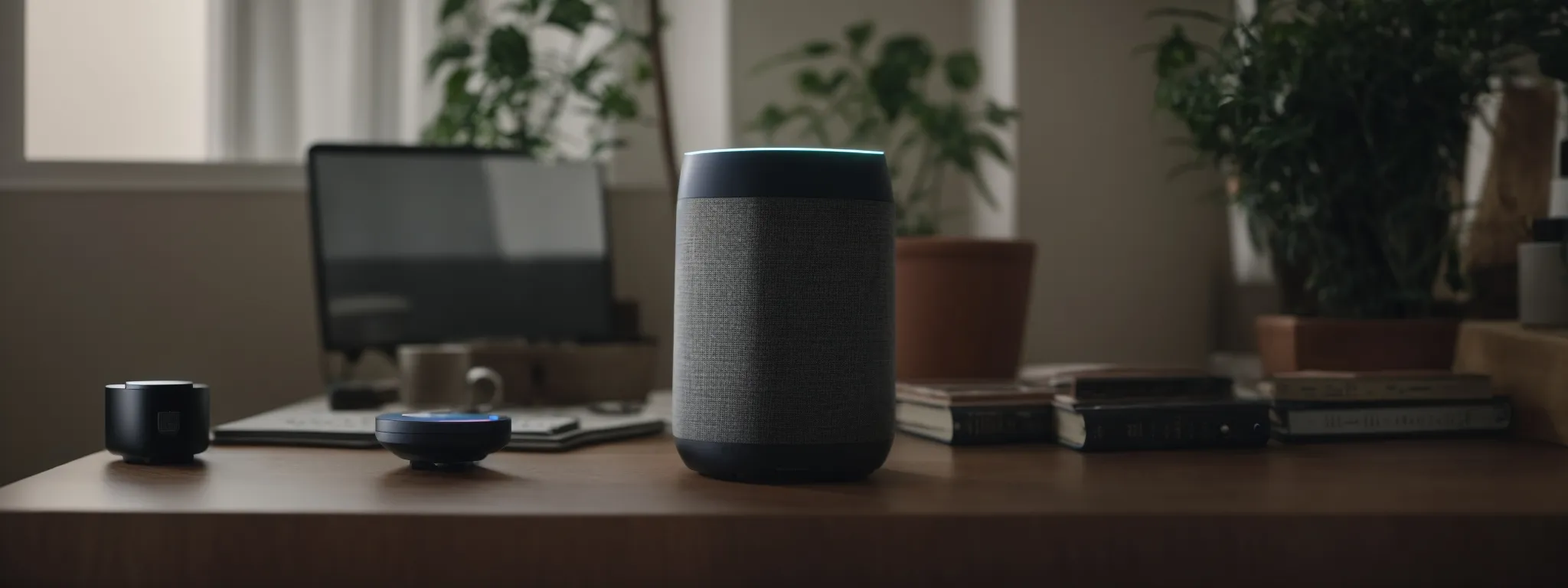 a person speaking into a smart speaker sitting on a desk amidst a serene home-office setup.