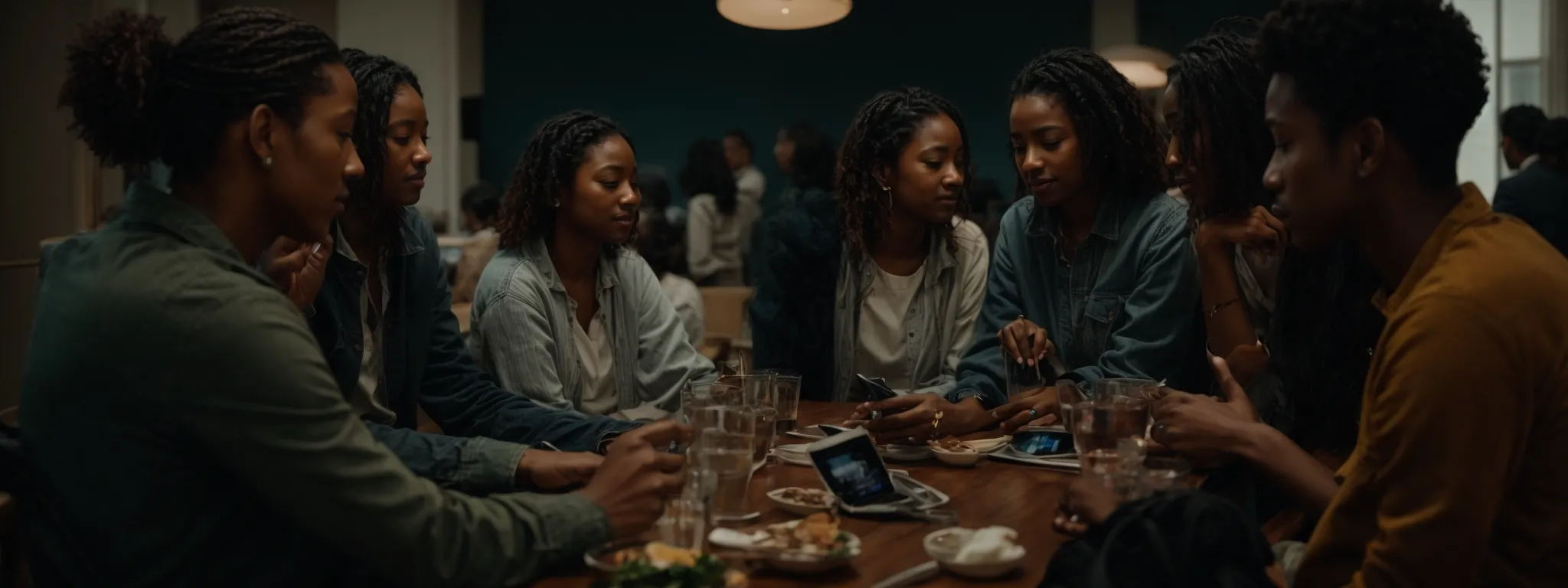 a diverse group of people gathered around a table, each engaging with content on their digital devices, visibly immersed in a cultural exchange.