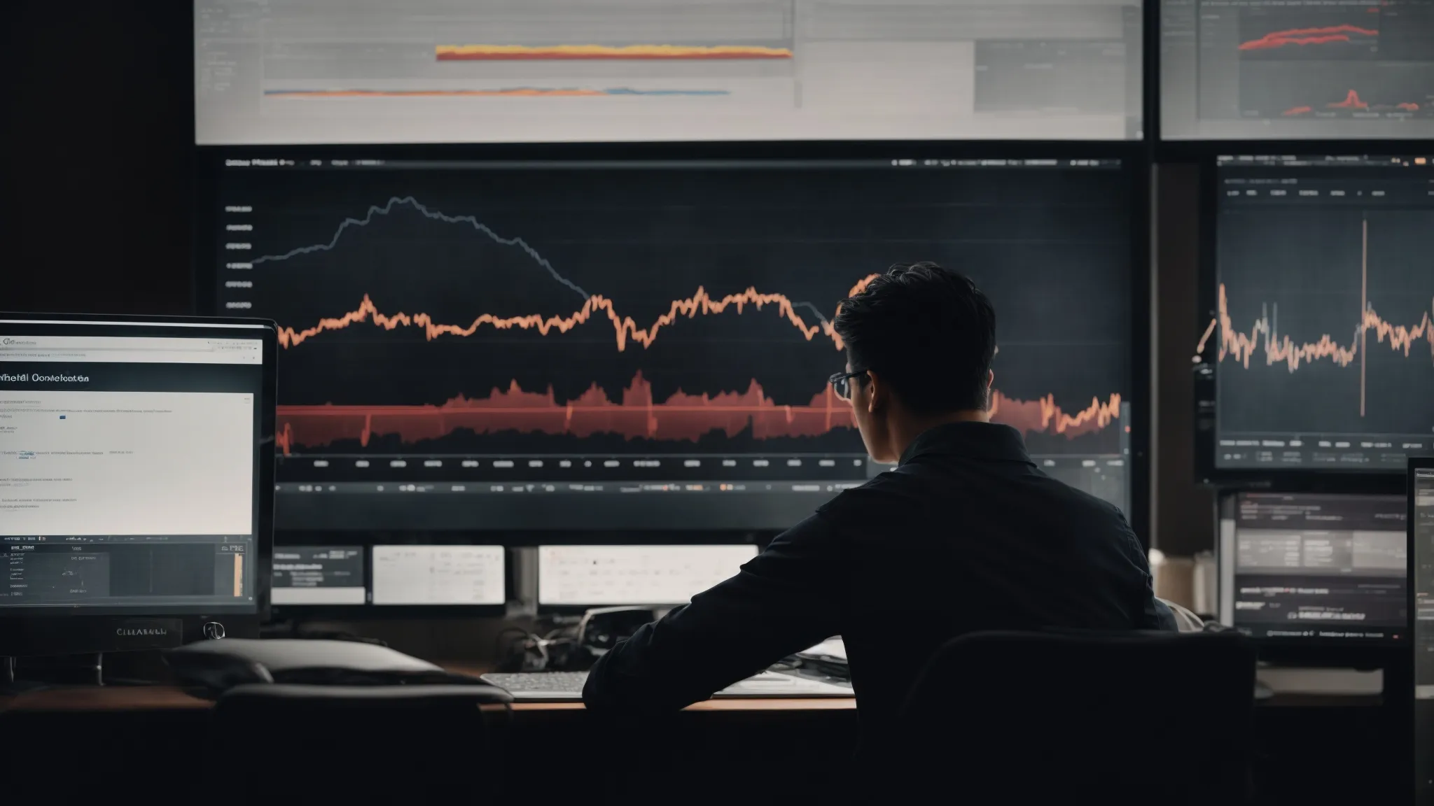 a person stares intently at a computer screen, adjusting the text in a webpage's title bar while a graph charting website traffic trends sits beside them.