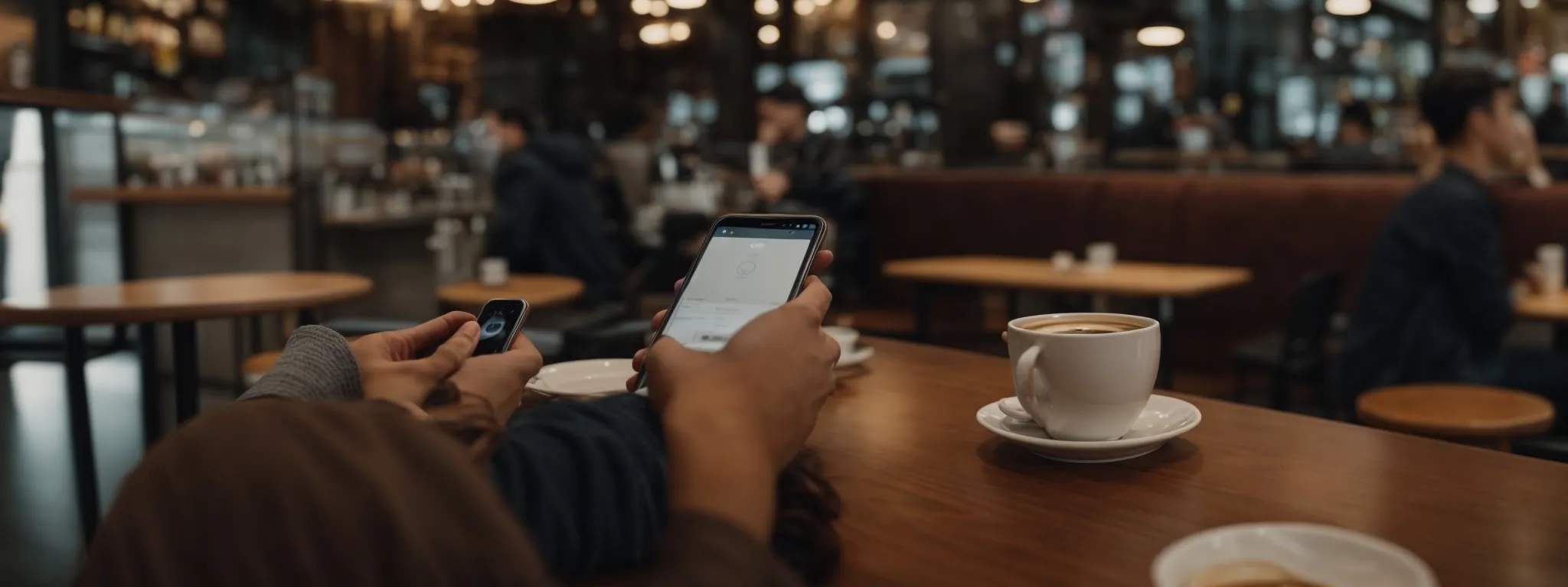 a person swiping smoothly through an interactive website on a smartphone amidst a bustling coffee shop.
