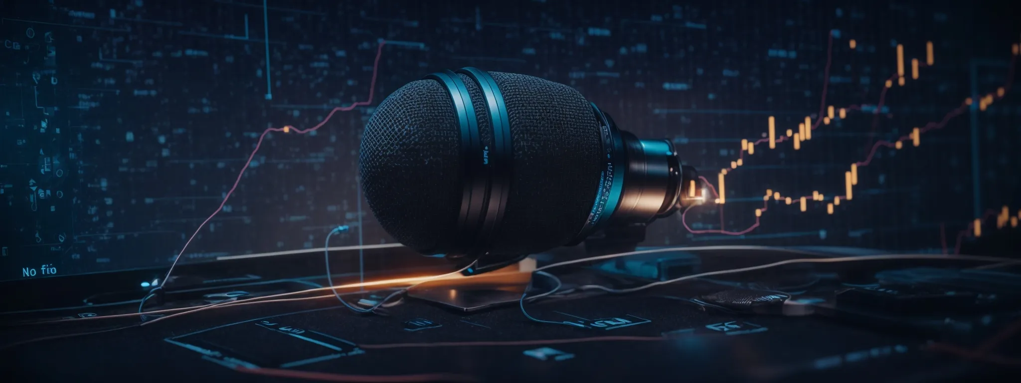 a microphone surrounded by a glowing outline of digital graphs and analytics symbols represents the fusion of podcasting and seo strategies.