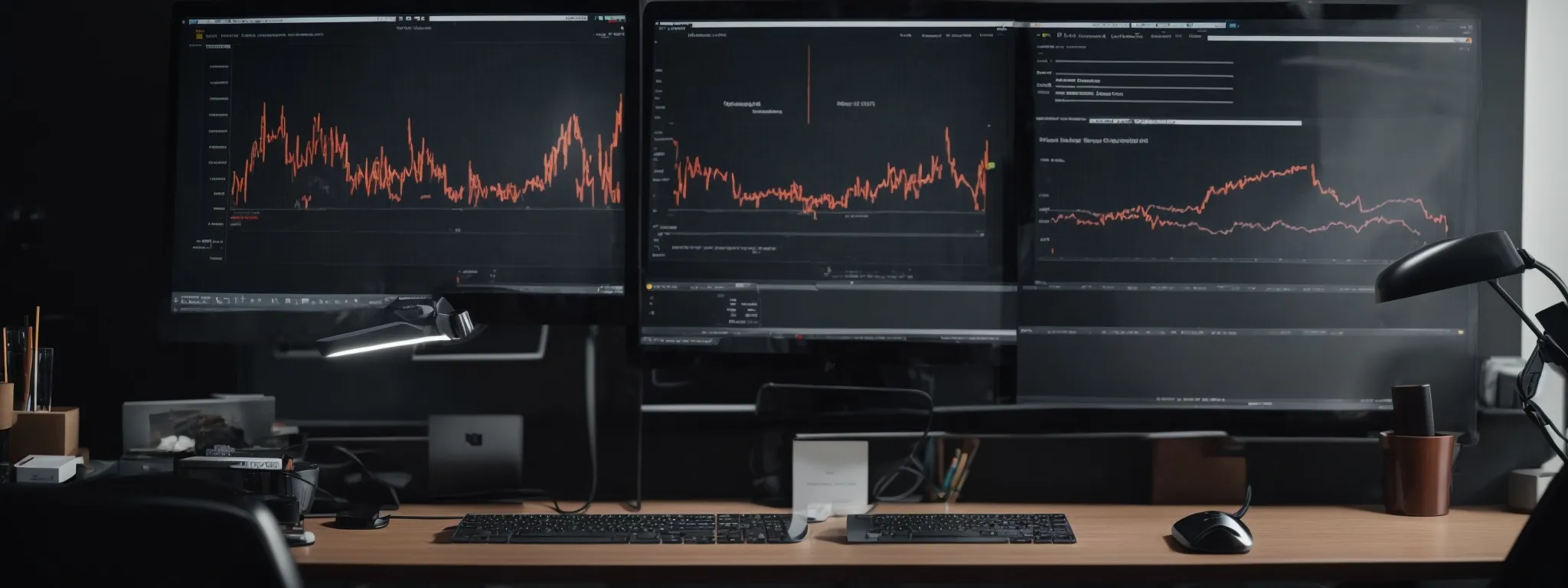 a modern office setup with a computer displaying graph analytics and a phone on a desk, symbolizing advanced crm tools at work.