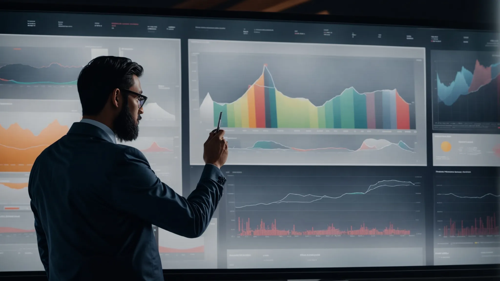a marketer is analyzing graphs and charts on a large screen that compares website traffic data.