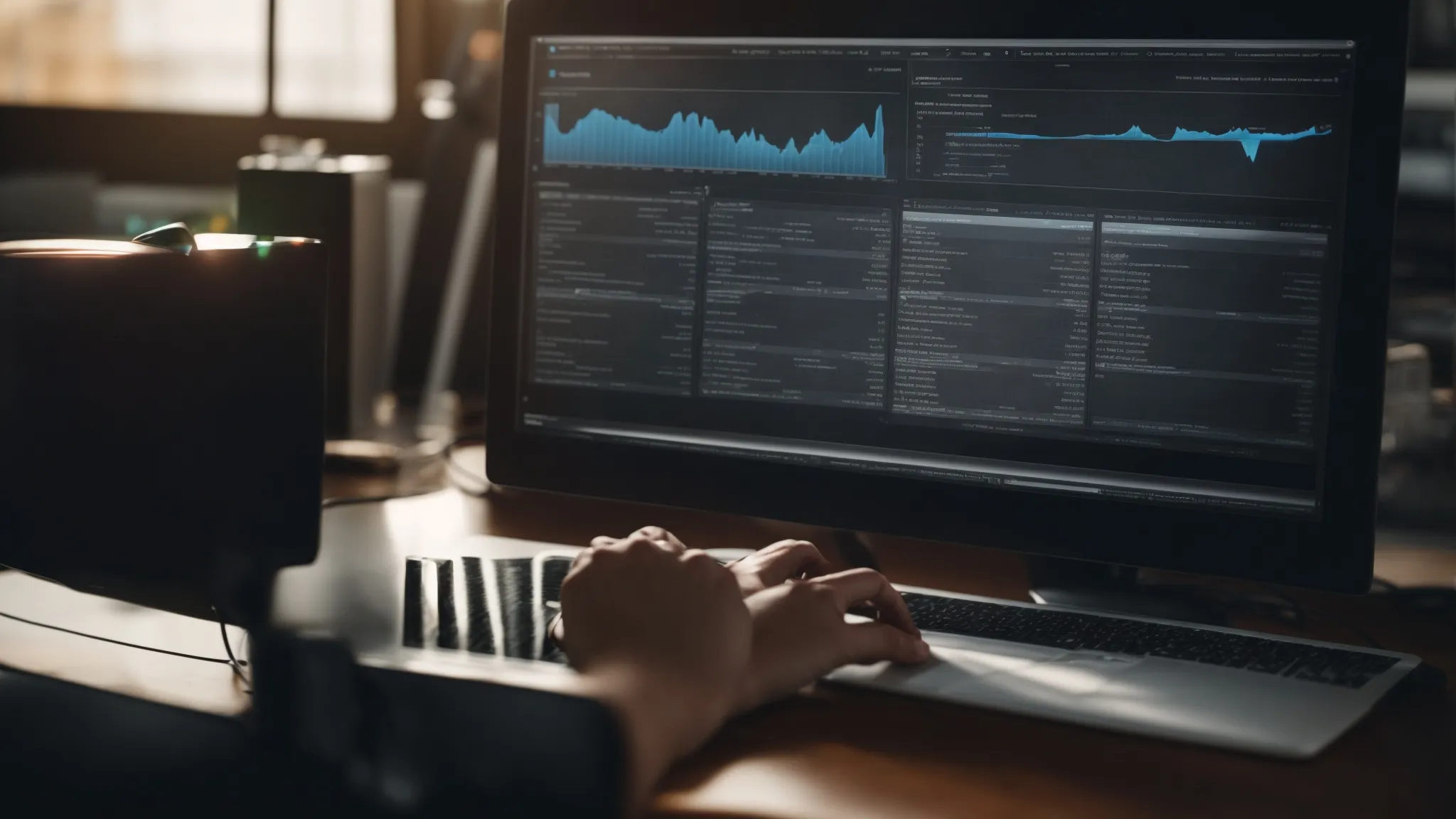 a professional analyzing data on a computer screen displaying various seo metrics and website pages.