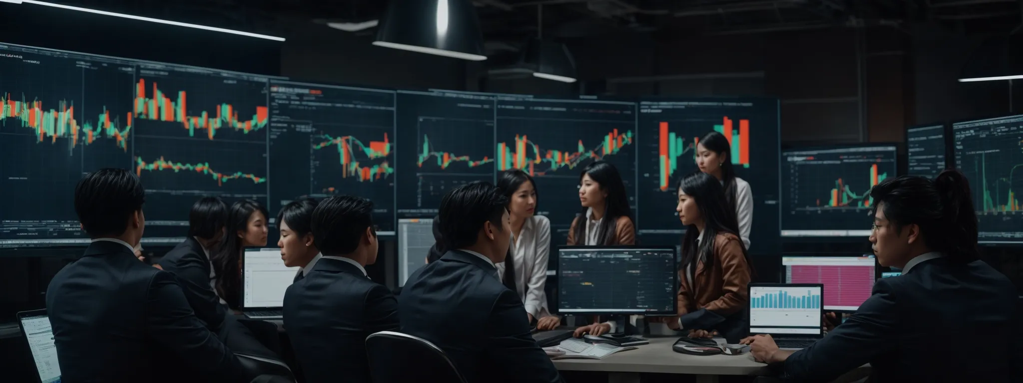 a group of marketers gathered around a large screen displaying colorful charts and profiles, deeply engrossed in analyzing data.